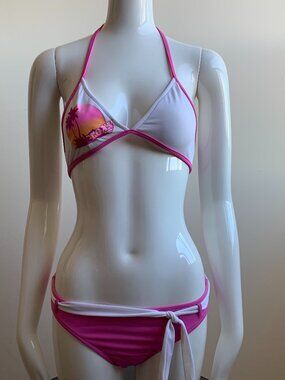 Roxy Girls swimwear pink palm tree triangle top logo belted bottom bikini